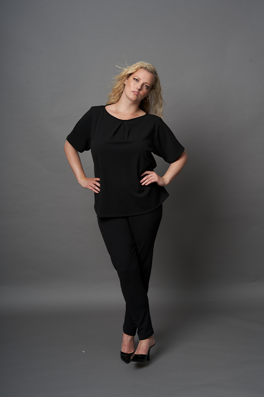 Plus Size Pleat Tops An inverted Pleat Top made with scuba crepe in black or red with short sleeves, bateau neckline and relaxed fit for curvy and plus size women