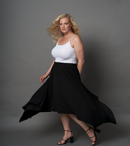 One Six Handkerchief Hem Maxi Skirt in scuba crepe in black or red using unique 1-6 sizing system since 1986