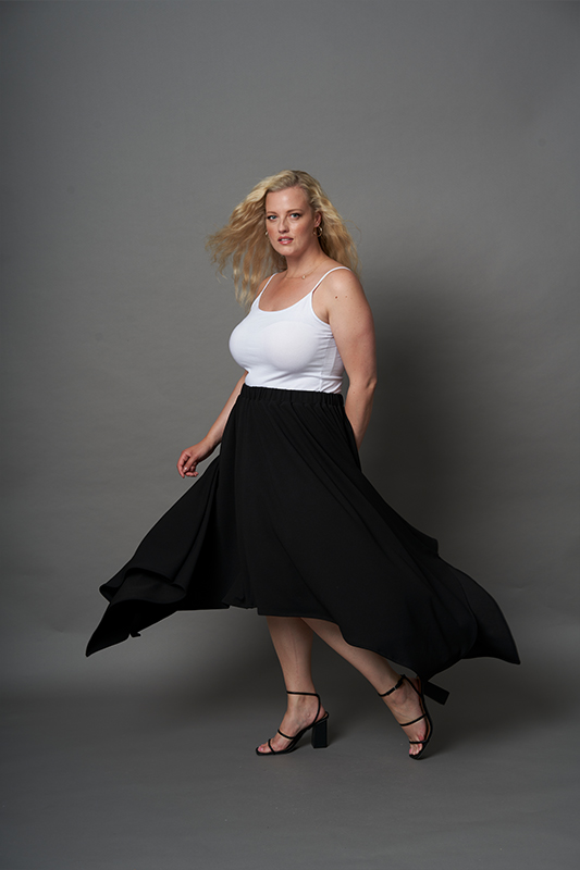 One Six Handkerchief Hem Maxi Skirt in scuba crepe in black or red using unique 1-6 sizing system since 1986