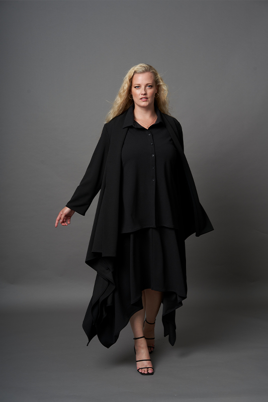 Handkerchief black or red Hem Jacket in scuba crepe with waterfall style neckline of One Six plus size clothing