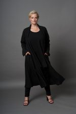 A Black Long-line Duster Jacket for plus size women with an open waterfall-style collar and slightly flared silhouette.