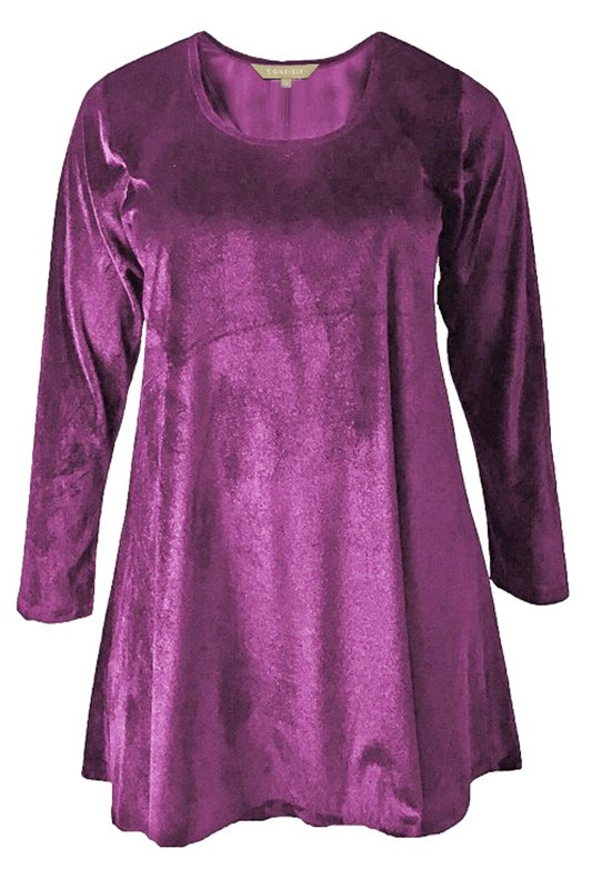 Velvet Long Sleeve Flared Top in blue, green or purple for plus size women from One Six clothing.