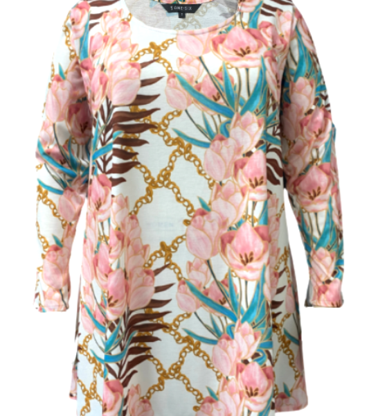 Pink Floral Long Sleeve Flared Top