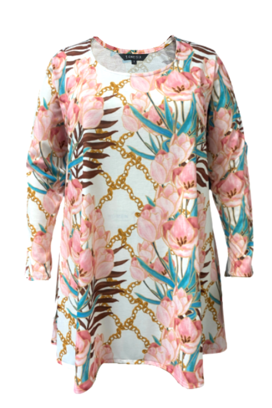 Pink Floral Long Sleeve Flared Top